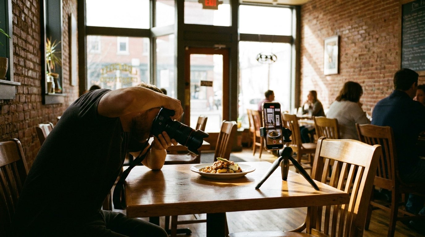Restaurant media day content shoot: a photographer captures a plated dish while a phone on a tripod records video in a warm Cincinnati bistro